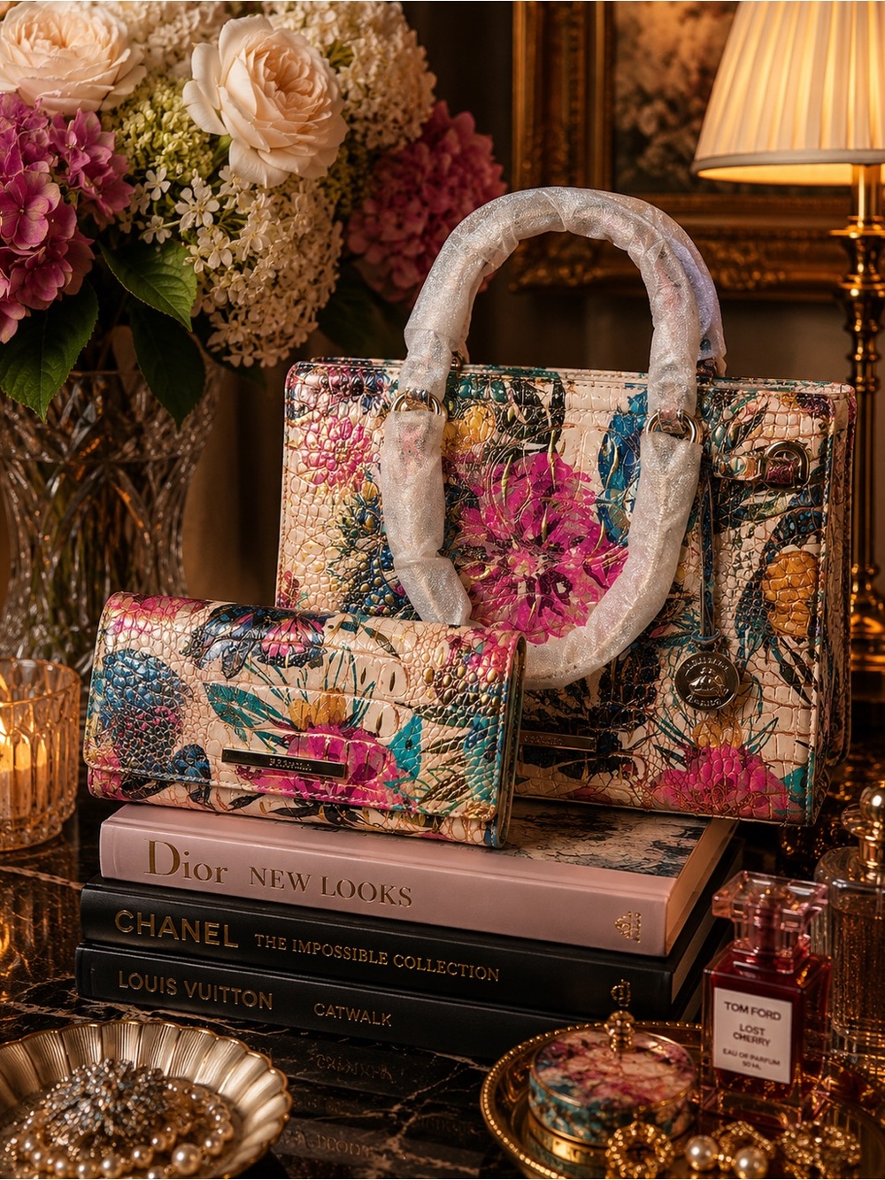 Brahmin Melbourne Croc Embossed Multicolor Floral Satchel and Wallet Set